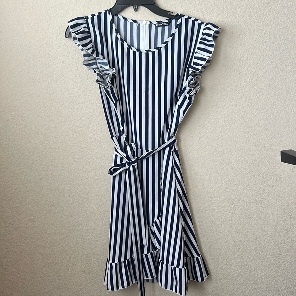 Striped nautical, sundress, ruffled shoulders